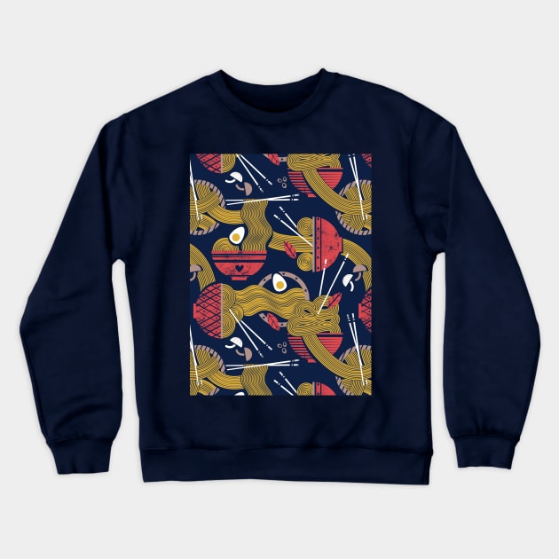 Noodles connection // pattern // midnight blue background teal and red bowls yellow pasta Crewneck Sweatshirt by SelmaCardoso